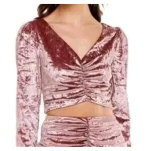 WAYF Velvet Puff-Sleeve Blouse Size Small Mauve Ruched V Neck Cropped Top‎ NWT